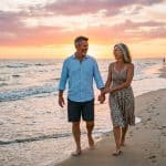 Happy couple walking on the beach during sunset, promoting website themes.