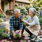 Two elderly women planting flowers in a garden with gardening tools.